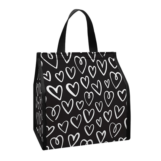 Cute Black And White Heart Pattern Print Insulated Lunch Tote