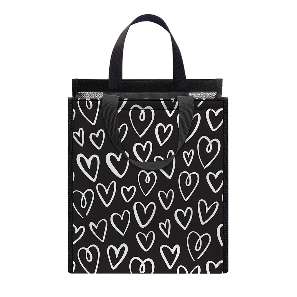 Cute Black And White Heart Pattern Print Insulated Lunch Tote