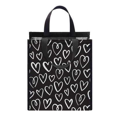 Cute Black And White Heart Pattern Print Insulated Lunch Tote