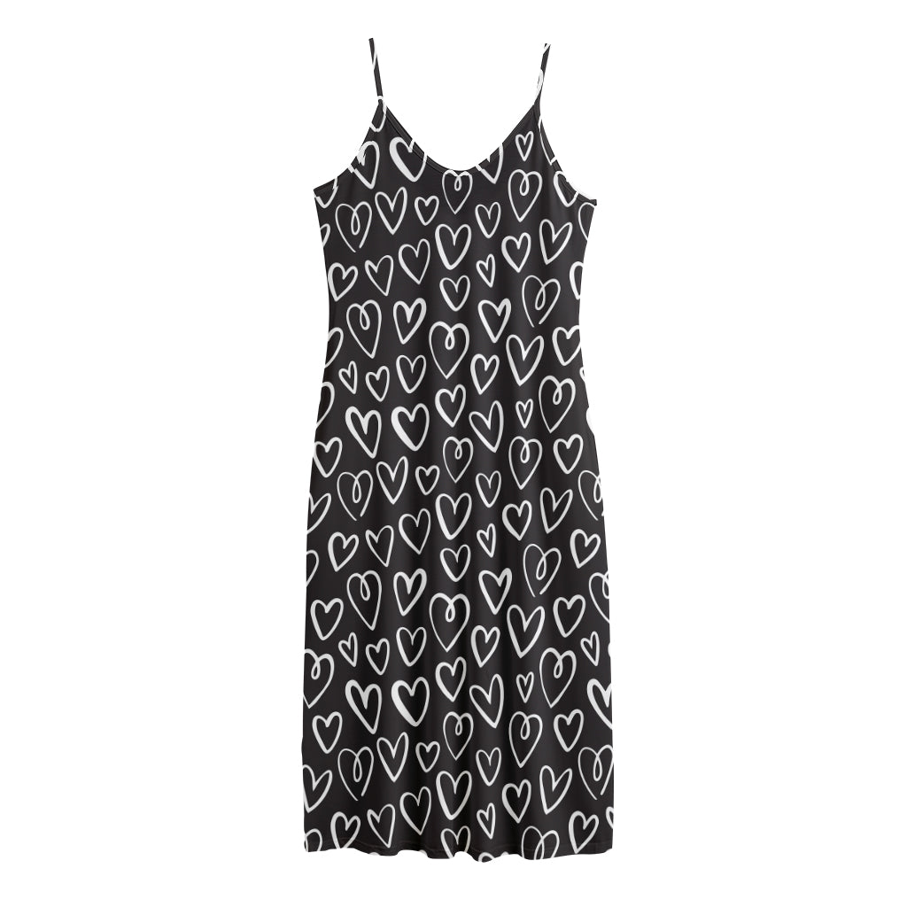 Cute Black And White Heart Pattern Print Jersey Midi Cami Dress