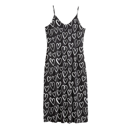 Cute Black And White Heart Pattern Print Jersey Midi Cami Dress