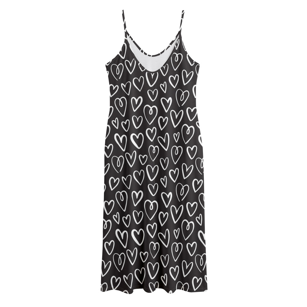 Cute Black And White Heart Pattern Print Jersey Midi Cami Dress