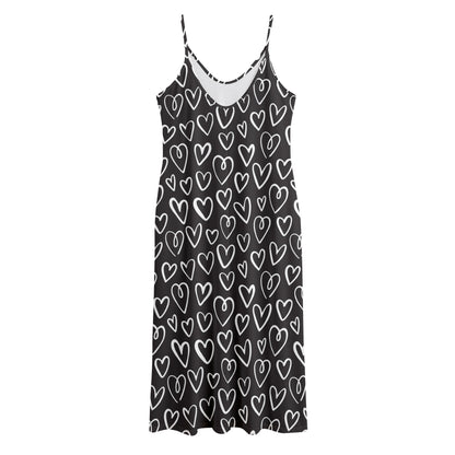 Cute Black And White Heart Pattern Print Jersey Midi Cami Dress