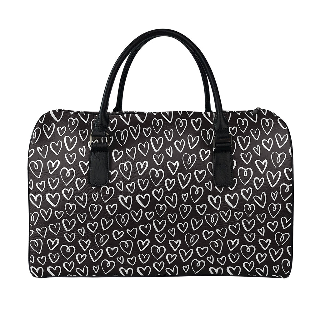 Cute Black And White Heart Pattern Print Leather Duffle Bag