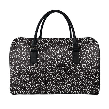 Cute Black And White Heart Pattern Print Leather Duffle Bag