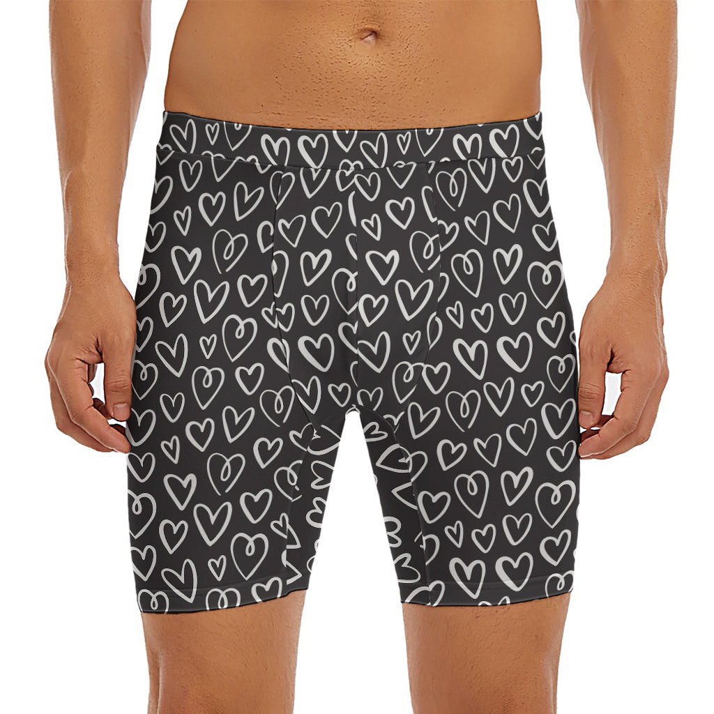 Cute Black And White Heart Pattern Print Men's Long Boxer Briefs