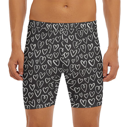 Cute Black And White Heart Pattern Print Men's Long Boxer Briefs