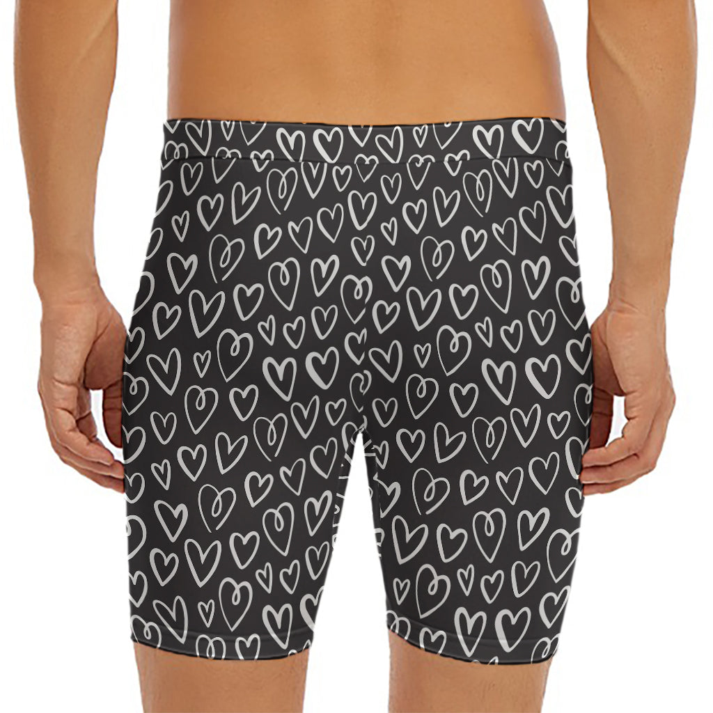 Cute Black And White Heart Pattern Print Men's Long Boxer Briefs