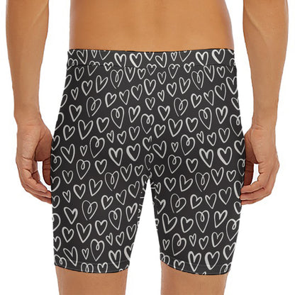 Cute Black And White Heart Pattern Print Men's Long Boxer Briefs