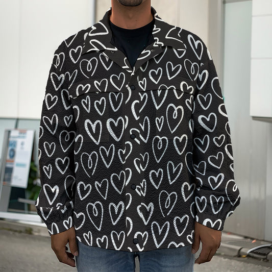 Cute Black And White Heart Pattern Print Men's Shirt Jacket