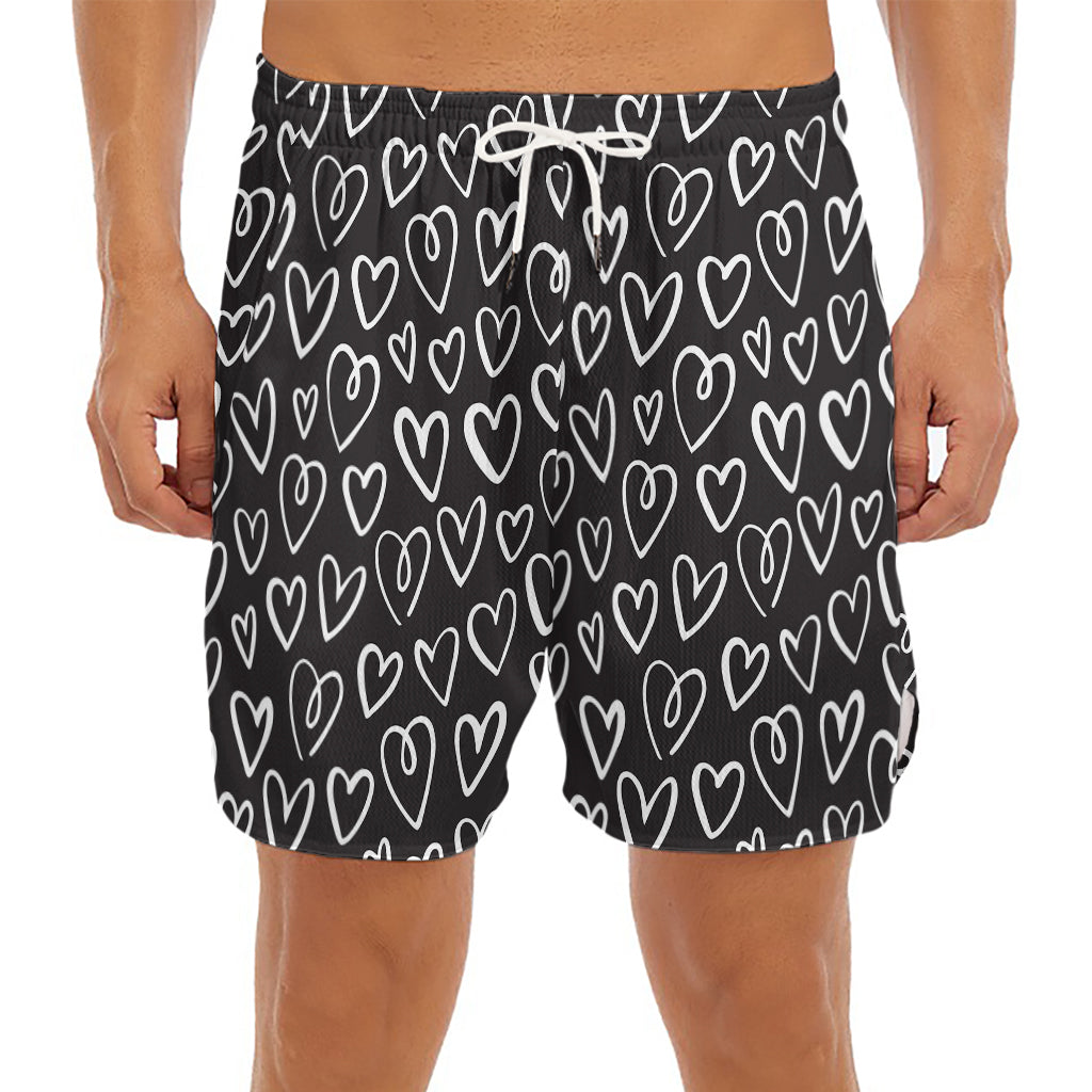 Cute Black And White Heart Pattern Print Men's Split Running Shorts
