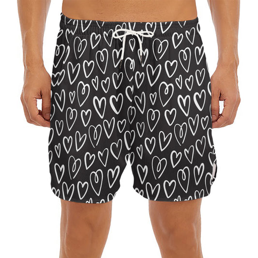 Cute Black And White Heart Pattern Print Men's Split Running Shorts