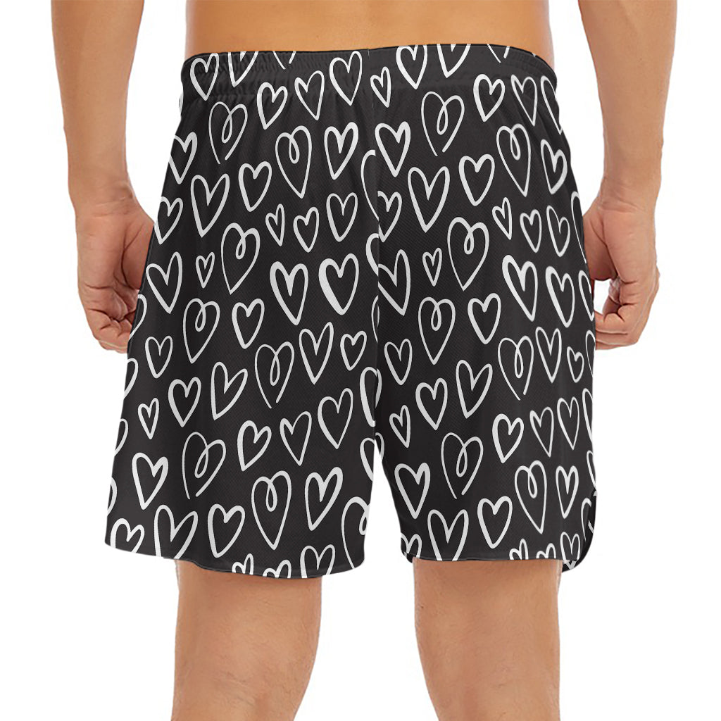 Cute Black And White Heart Pattern Print Men's Split Running Shorts