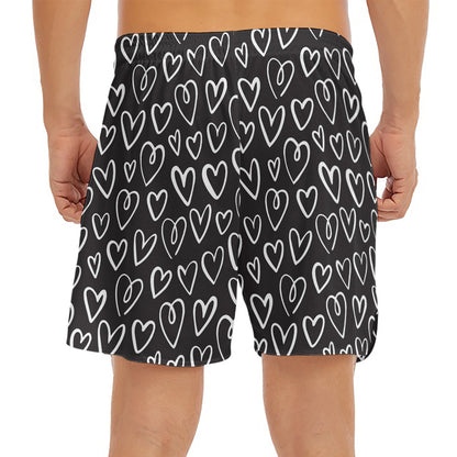 Cute Black And White Heart Pattern Print Men's Split Running Shorts