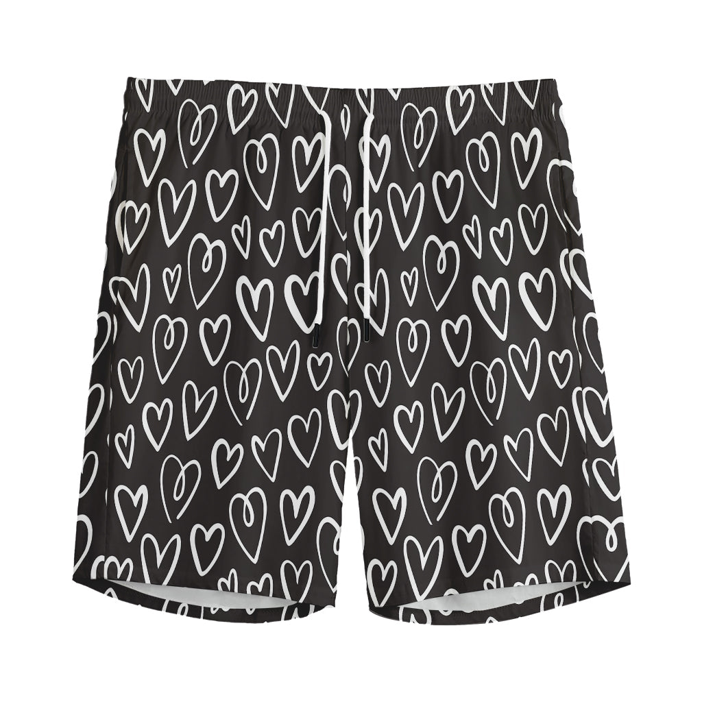 Cute Black And White Heart Pattern Print Men's Sports Shorts