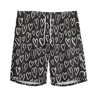 Cute Black And White Heart Pattern Print Men's Sports Shorts