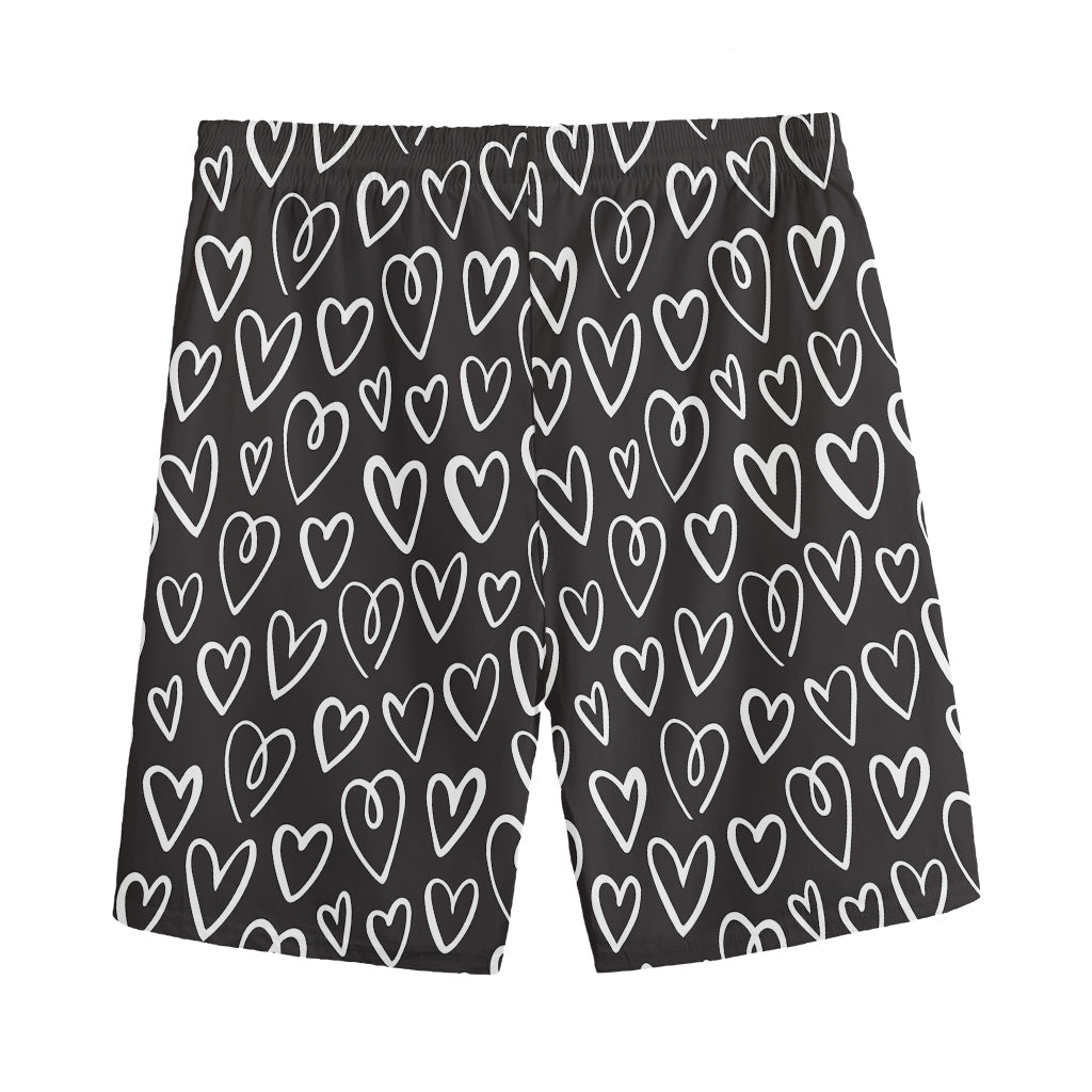 Cute Black And White Heart Pattern Print Men's Sports Shorts