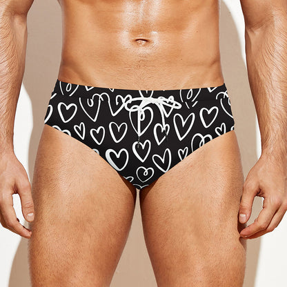 Cute Black And White Heart Pattern Print Men's Swim Briefs