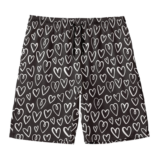 Cute Black And White Heart Pattern Print Men's Swim Trunks