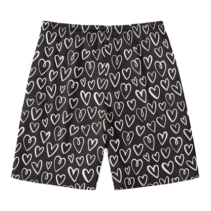 Cute Black And White Heart Pattern Print Men's Swim Trunks