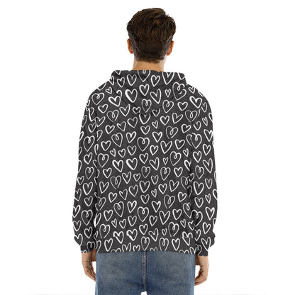 Cute Black And White Heart Pattern Print Men's Velvet Pullover Hoodie