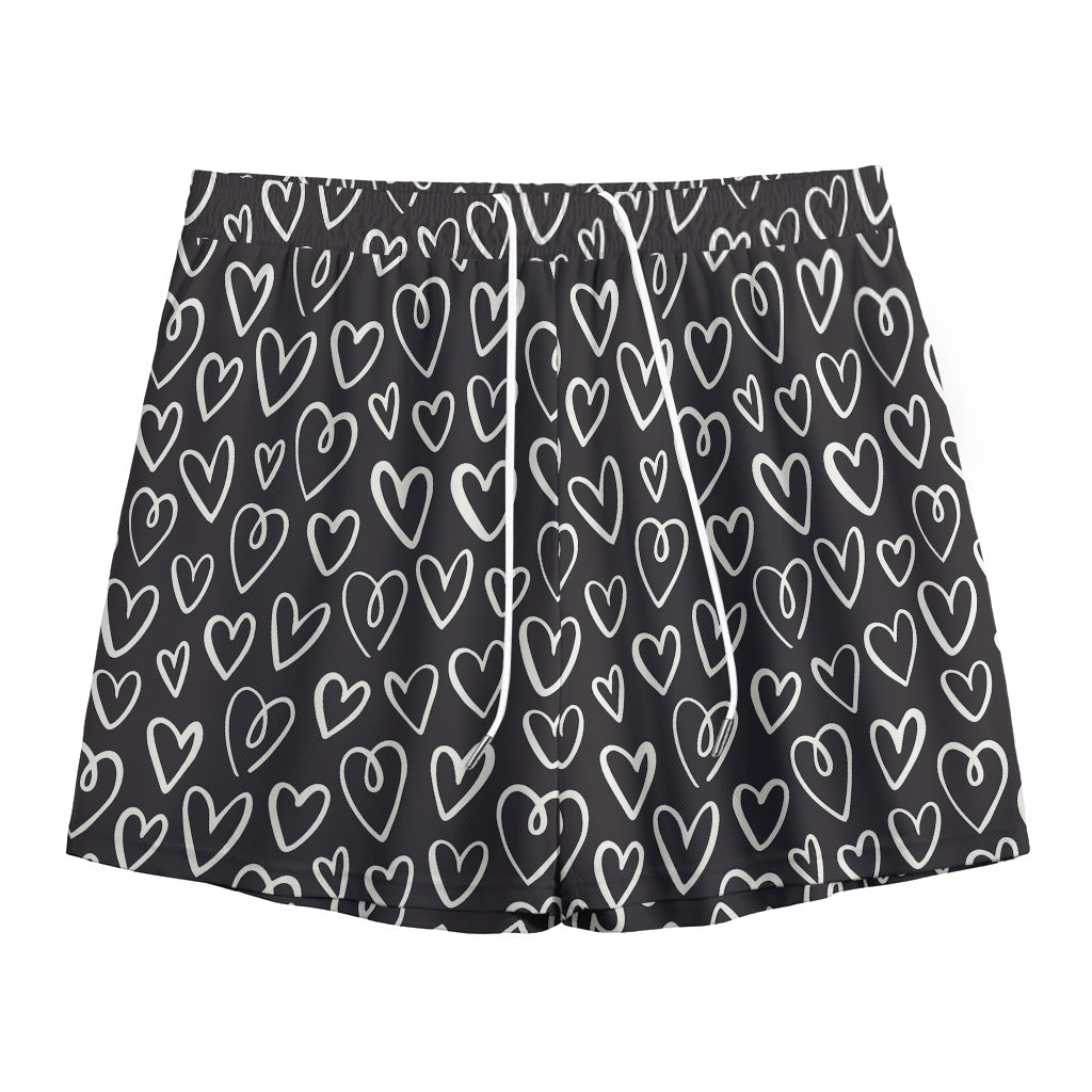 Cute Black And White Heart Pattern Print Mesh Shorts