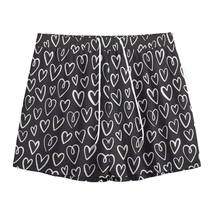 Cute Black And White Heart Pattern Print Mesh Shorts
