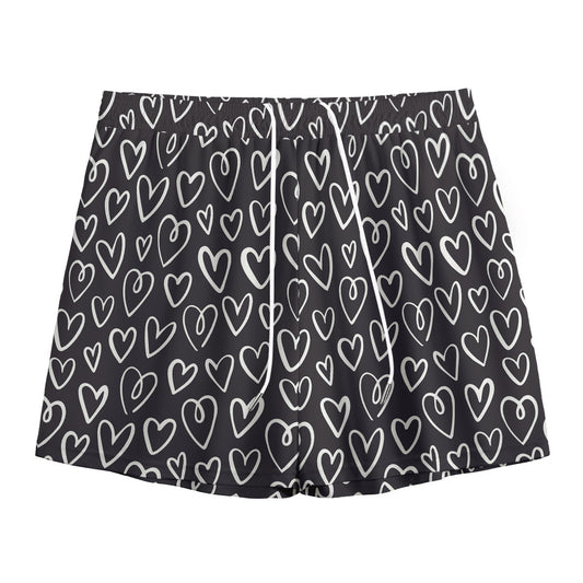 Cute Black And White Heart Pattern Print Mesh Shorts