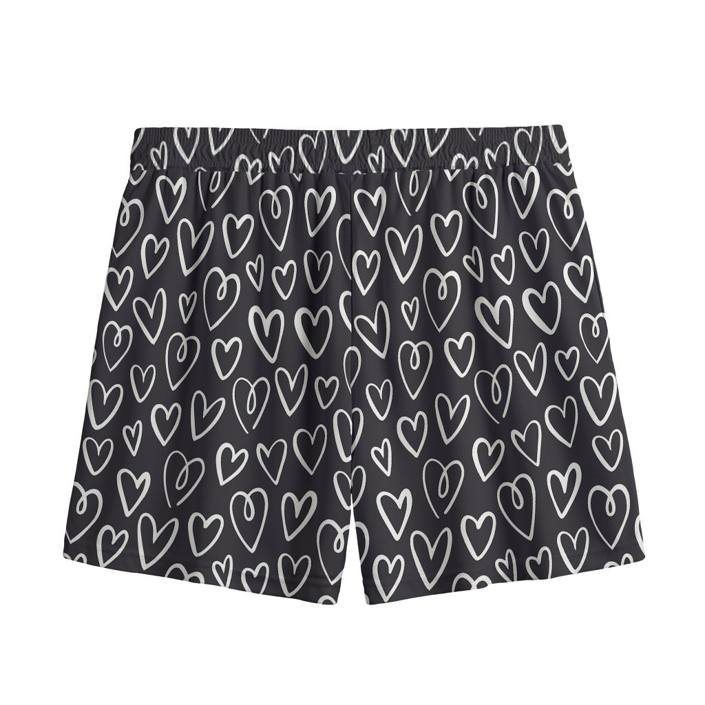 Cute Black And White Heart Pattern Print Mesh Shorts