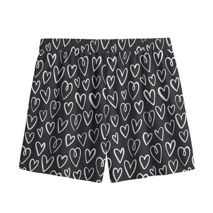 Cute Black And White Heart Pattern Print Mesh Shorts