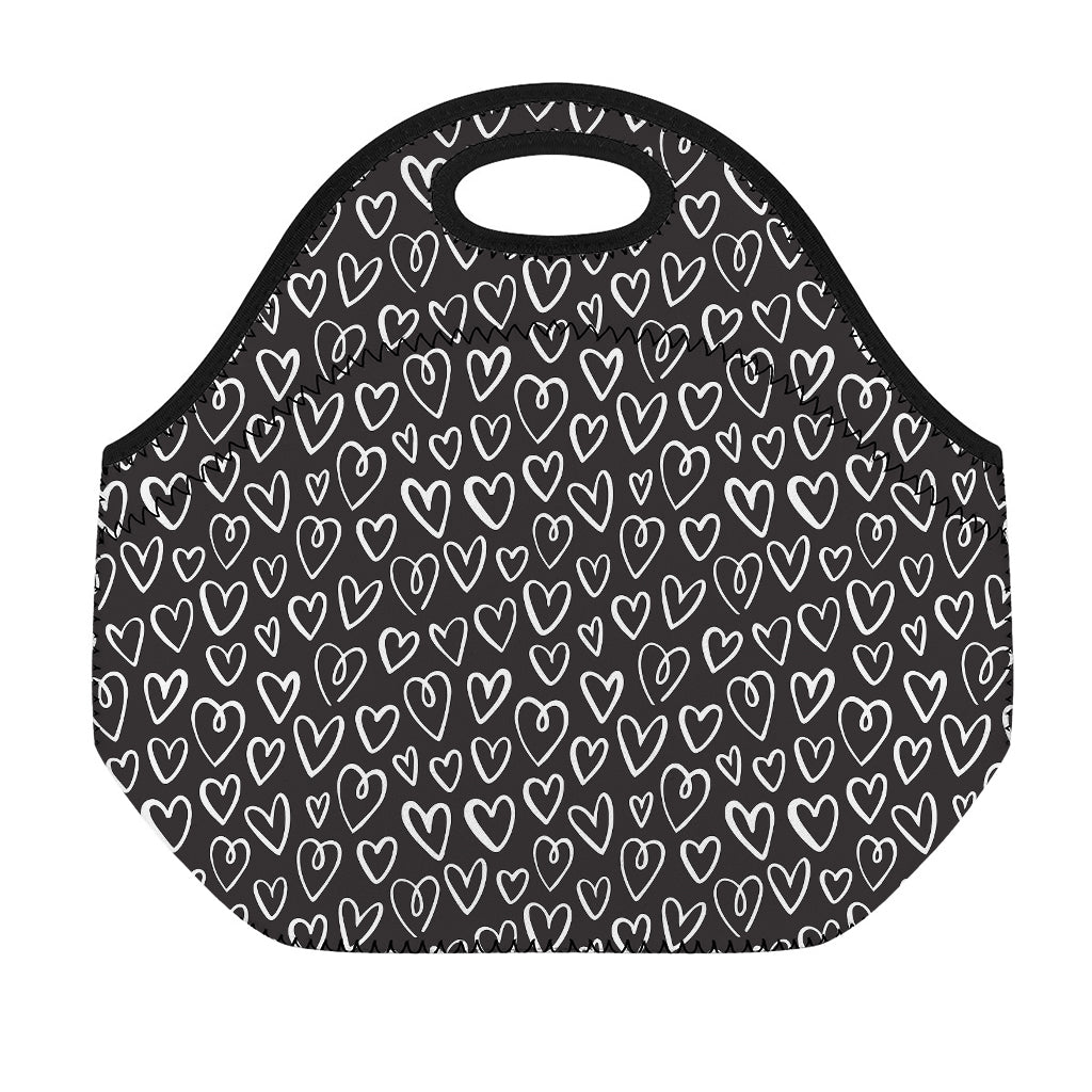 Cute Black And White Heart Pattern Print Neoprene Lunch Bag
