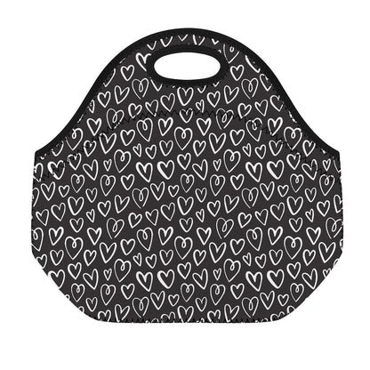 Cute Black And White Heart Pattern Print Neoprene Lunch Bag