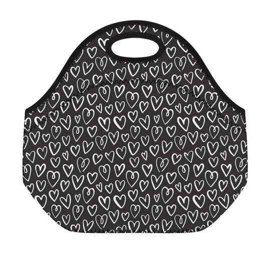 Cute Black And White Heart Pattern Print Neoprene Lunch Bag