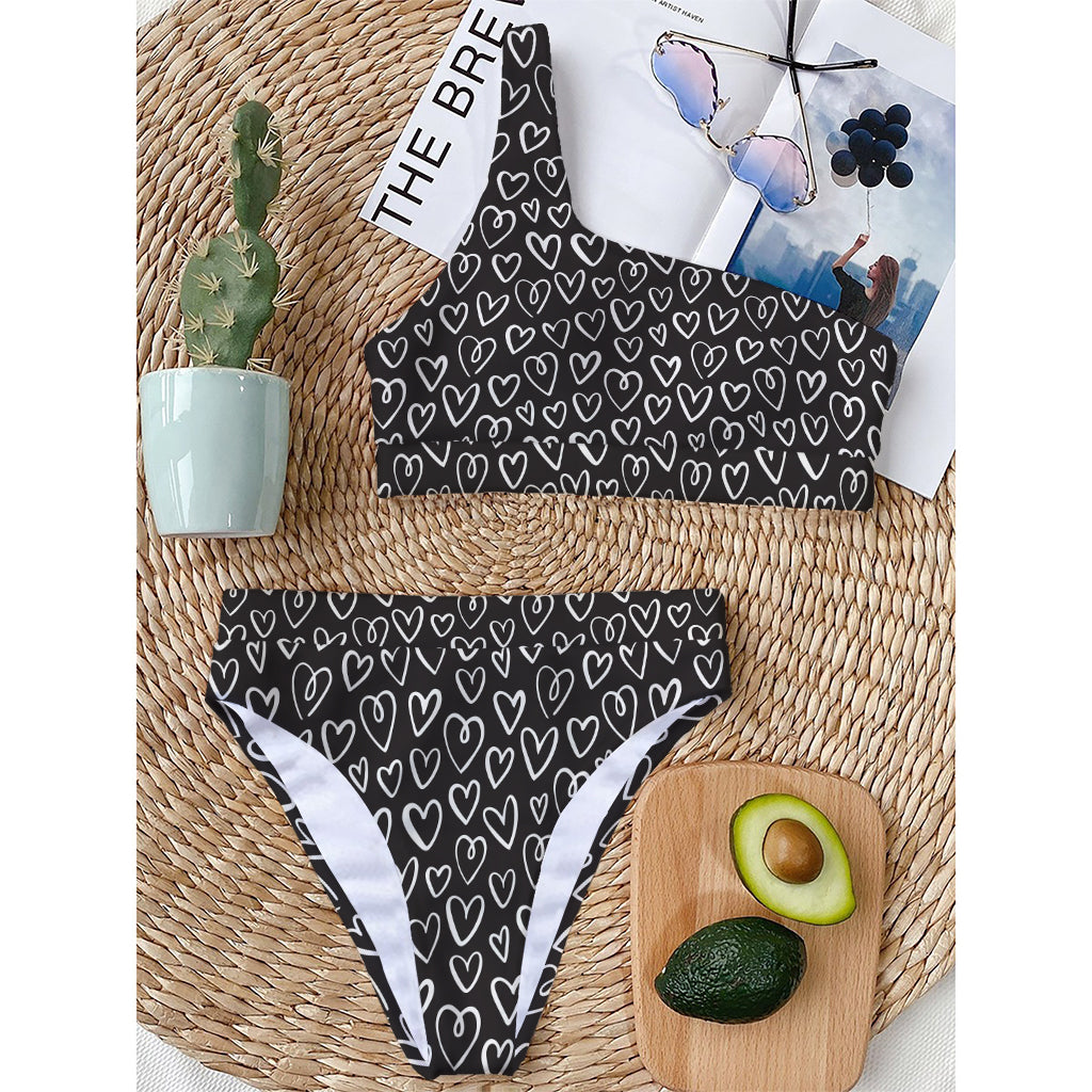 Cute Black And White Heart Pattern Print One Shoulder Bikini Top