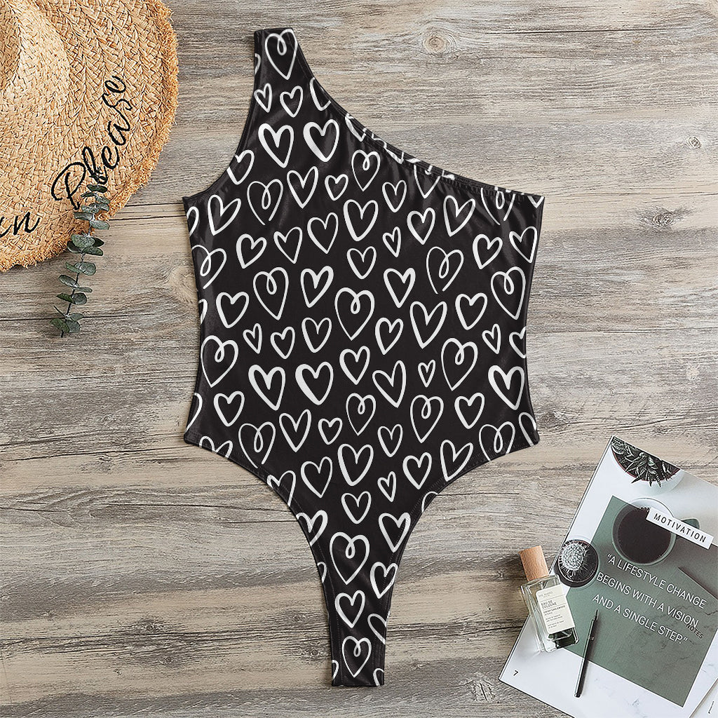 Cute Black And White Heart Pattern Print One Shoulder Bodysuit