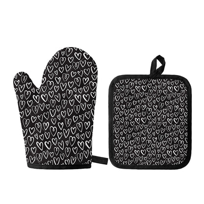 Cute Black And White Heart Pattern Print Oven Mitt And Pot Holder Set