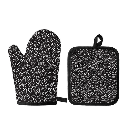 Cute Black And White Heart Pattern Print Oven Mitt And Pot Holder Set