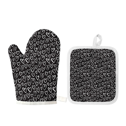 Cute Black And White Heart Pattern Print Oven Mitt And Pot Holder Set