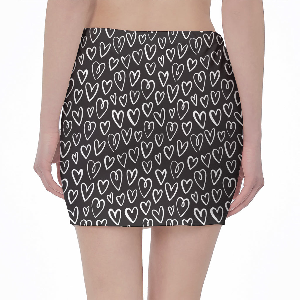Cute Black And White Heart Pattern Print Pencil Mini Skirt