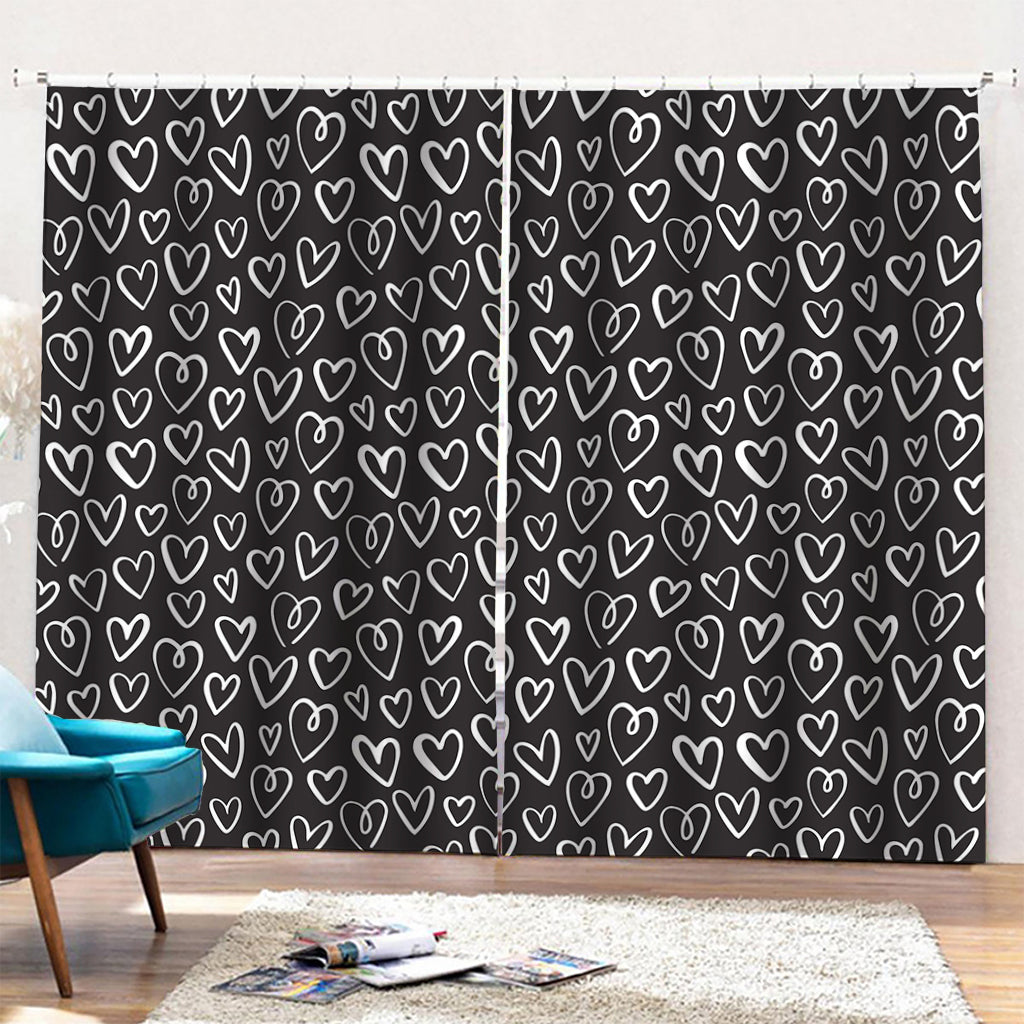 Cute Black And White Heart Pattern Print Pencil Pleat Curtains