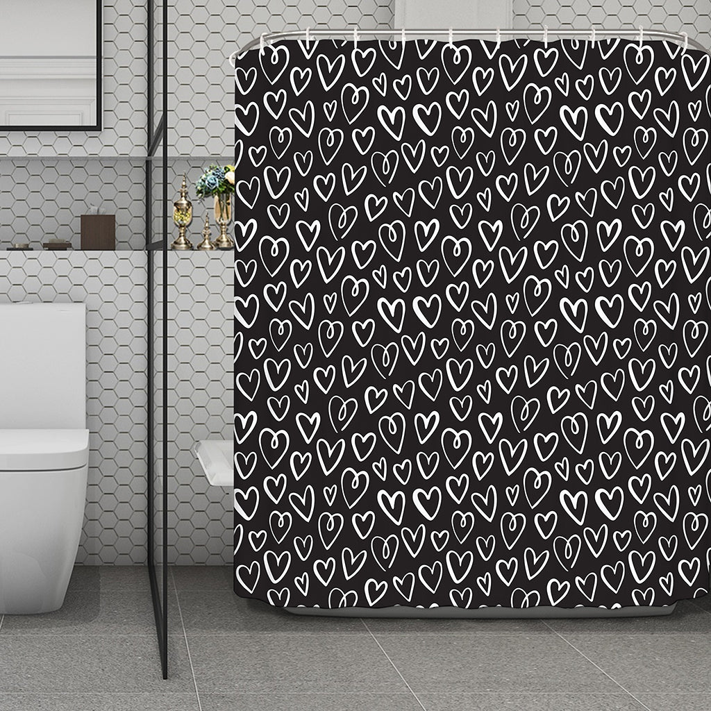 Cute Black And White Heart Pattern Print Polyester Shower Curtain