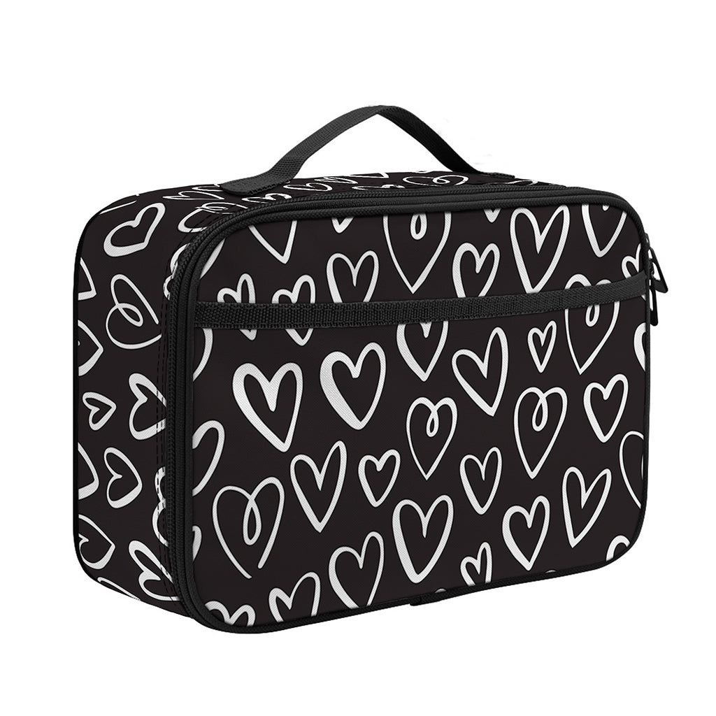 Cute Black And White Heart Pattern Print Portable Lunch Bag