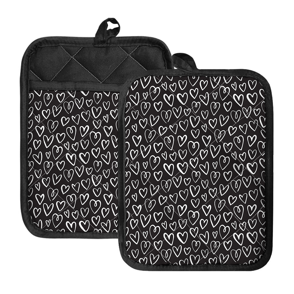 Cute Black And White Heart Pattern Print Pot Holders With Pocket
