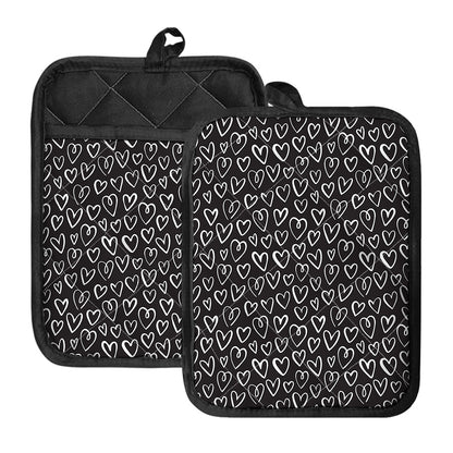 Cute Black And White Heart Pattern Print Pot Holders With Pocket