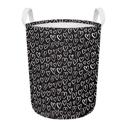 Cute Black And White Heart Pattern Print Round Laundry Basket