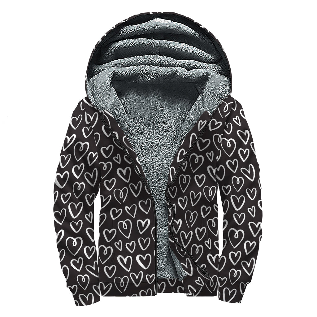 Cute Black And White Heart Pattern Print Sherpa Lined Zip Up Hoodie