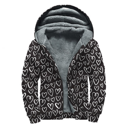 Cute Black And White Heart Pattern Print Sherpa Lined Zip Up Hoodie