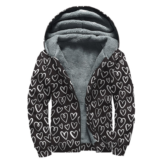 Cute Black And White Heart Pattern Print Sherpa Lined Zip Up Hoodie
