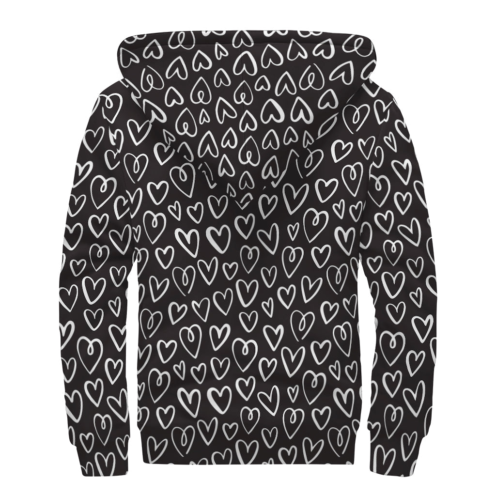 Cute Black And White Heart Pattern Print Sherpa Lined Zip Up Hoodie