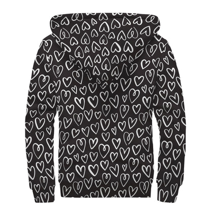 Cute Black And White Heart Pattern Print Sherpa Lined Zip Up Hoodie